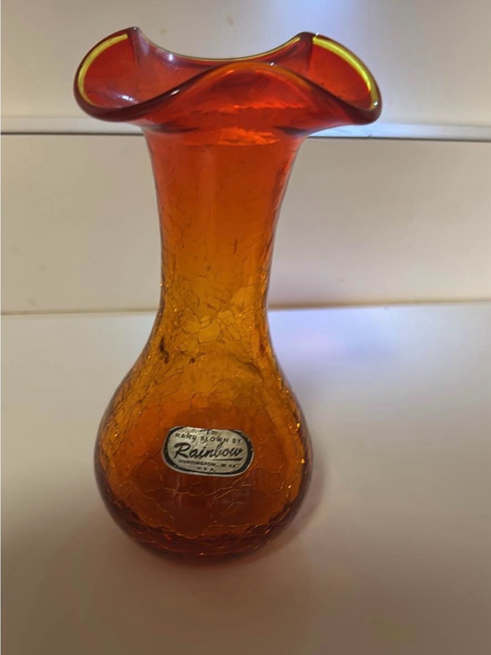 Rainbow Amber-Orange Crackle Glass Ruffled Vase